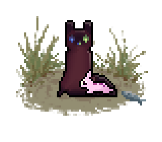 Pixel art of a young slugcat standing faced forwards, looking at the camera. It is dark red with point markings. One of its eyes is blue, while the other is green. There is a pink lantern mouse with long ears sitting near its feet.